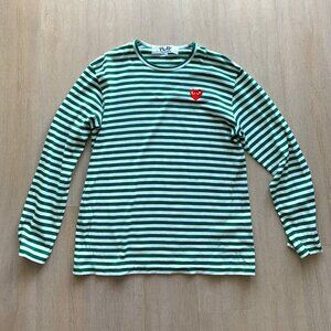 Comme des Garcons PLAY Green & White Heart Patch Long Sleeve T-Shirt